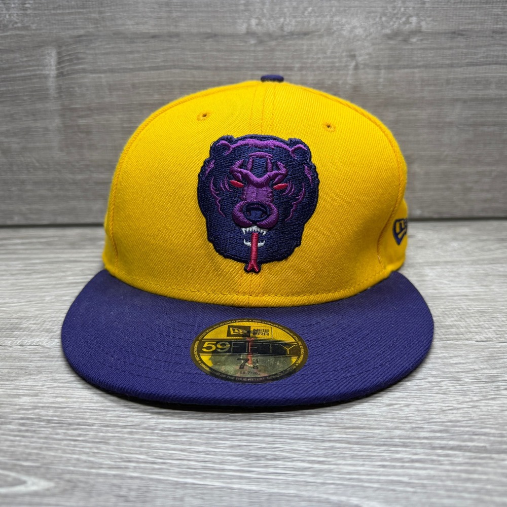 New Era Mishka Fitted Hat Mens 7 3/8 Yellow Purple Bear Snake Cyrillic 59FIFTY